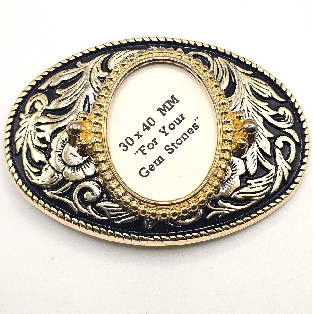 Western Floral Belt Buckle Gold Black Oval 30x40mm Gemstone Setting Made in USA