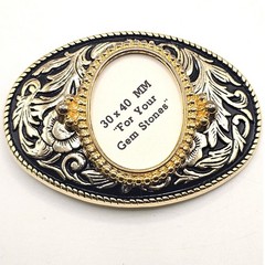 Western Floral Belt Buckle Gold Black Oval 30x40mm Gemstone Setting Made in USA