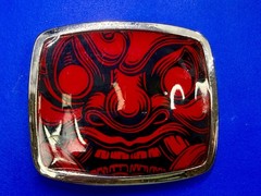 Samurai Video Game Cyberpunk Oni Mask Red Black Enamel Belt Buckle