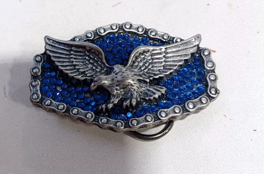 Blue Rhinestone Eagle Belt Buckle with Metal Trim 3&Prime; x 2&Prime;