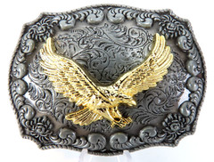 Western Eagle Cowboy Rodeo Style Belt Buckle Buck Pewter Tone w/ Gold Eagle NEW