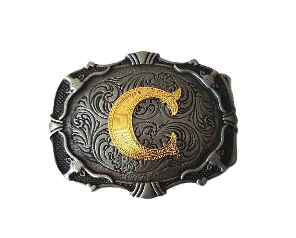 C Monogram Intial Metal Western Belt Buckle Gold Gray Fits 1.5&Prime; Men&rsquo;s