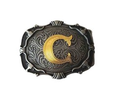 C Monogram Intial Metal Western Belt Buckle Gold Gray Fits 1.5&Prime; Men&rsquo;s