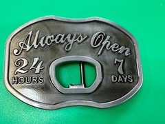 Always Open 24 / 7 Belt Buckle and Bottle Opener – Perfect Bar Pickup Line!