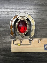 Vintage Silver Cowboy Horseshoe Belt Buckle With a Faux Ruby stone Red