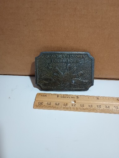 Vintage Quaker State Open Forum Bowl Bowling Belt Buckle Hit Line USA Metal