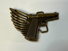 Winged Gun Flying Pistol Handgun Figural Cutout Brass Tone 4&Prime; Wide Belt Buckle