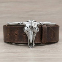 Men Western Silver Metal Belt Buckle Long Horn Texas Cow Bull Skull Unisex Style