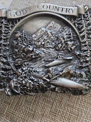 VTG &rsquo;83 Bergamot Brass Works « God&rsquo;s Country » Belt Buckle- Kayak Mountains Forest