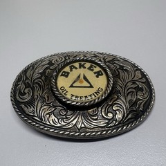 Baker Oil Treating Belt Buckle Vintage Western Floral Oval Silver Tone
