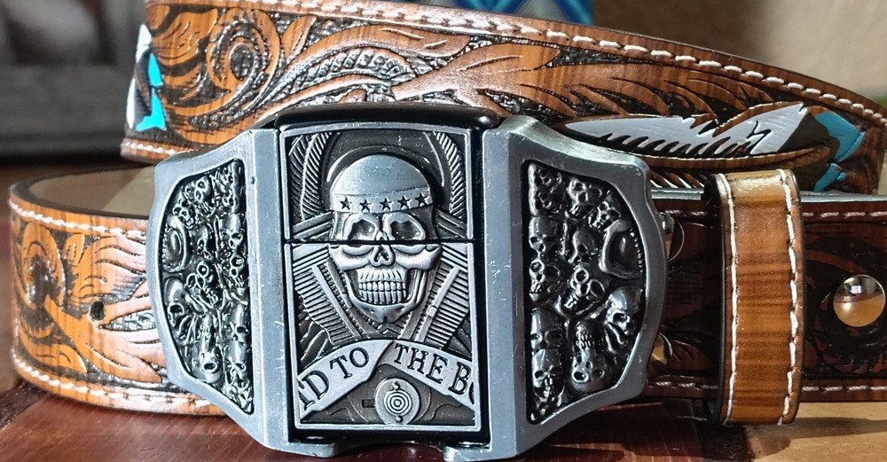 Men’s Belt w/ Lighter Buckle Skull Western Belt 32–40 Gift for Him