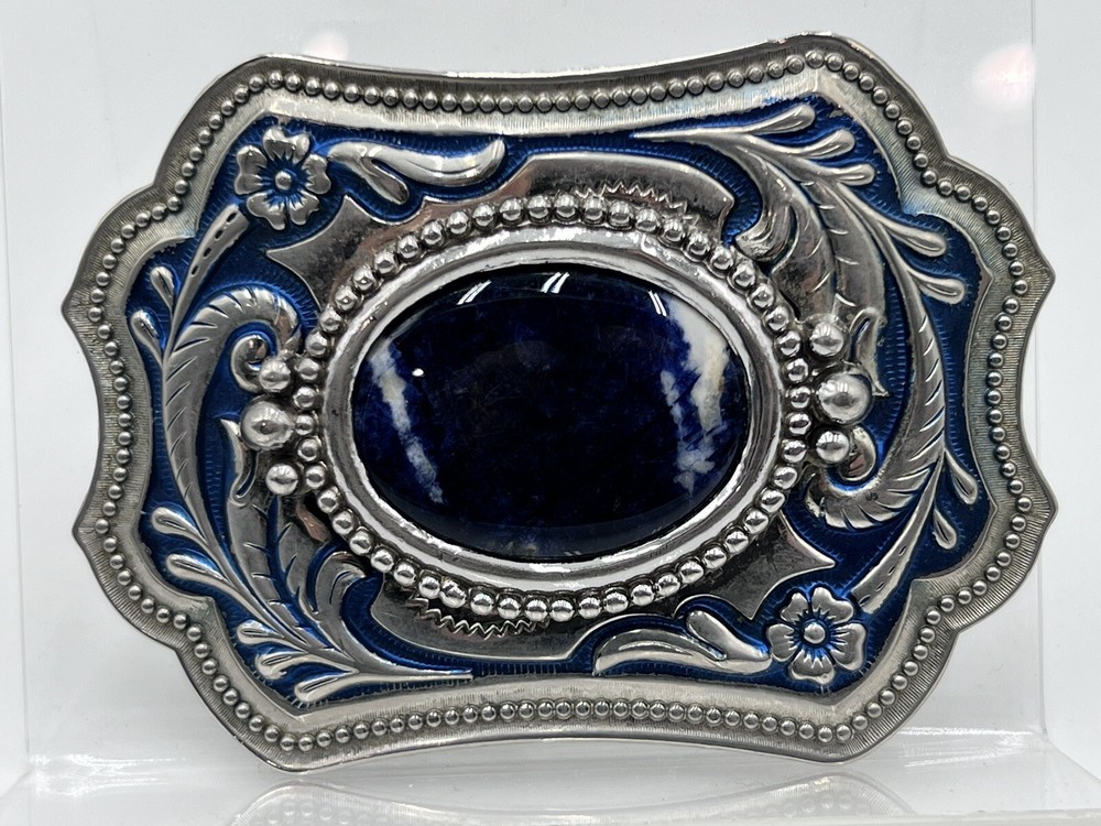 Western Floral Embossed Enameled Blue Silver Tone, Blue Stone Belt Buckle. J9