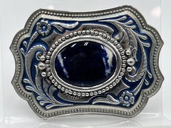 Western Floral Embossed Enameled Blue Silver Tone, Blue Stone Belt Buckle. J9