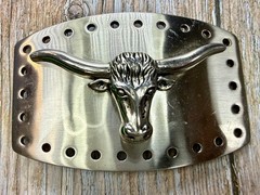 Longhorn Steer Skull Raised Silver Tone Large Belt Buckle With Hole Border
