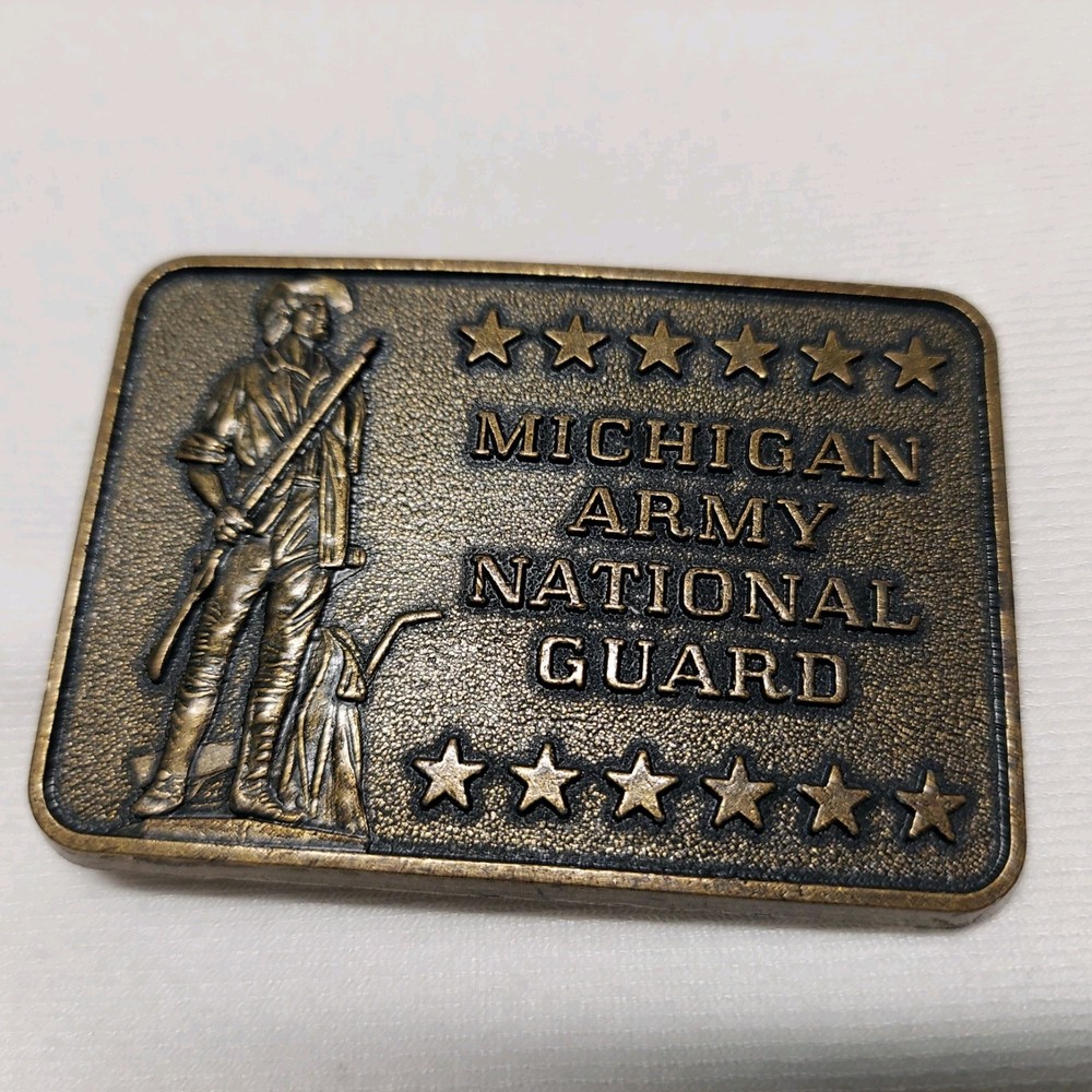 MICHIGAN ARMY NATIONAL GUARD Belt Buckle Framed With Stars Brass 2&Prime;X3&Prime;