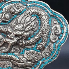 AA BIG MEN&rsquo;S VINTAGE Natural Turquoise Metal Silver Gild Engrave Dragon Belt