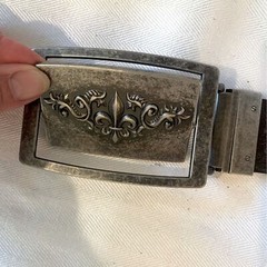 Fleur de Lis reversible pewter type belt buckle. Monogram M on the reverse side