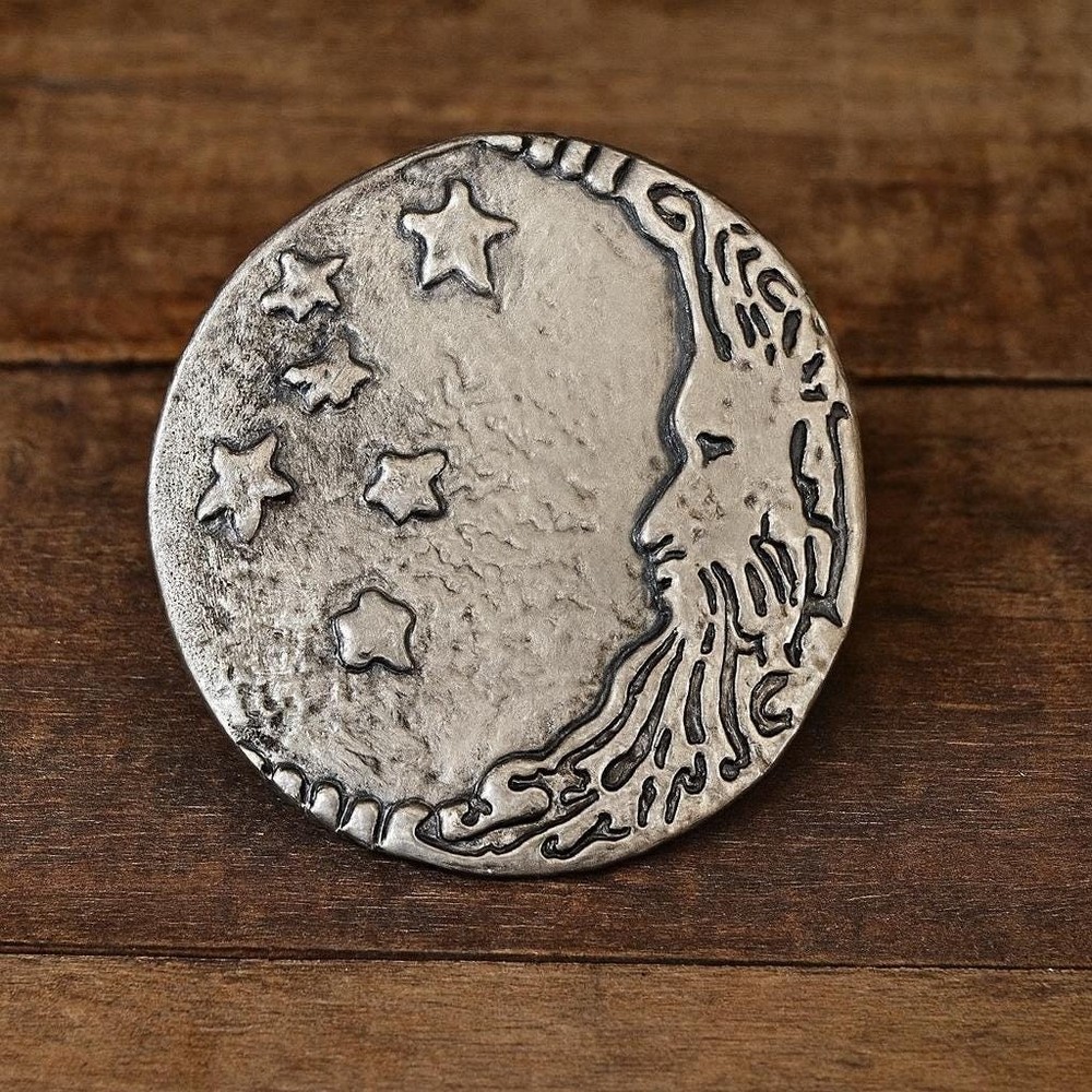 Handmade Silver Moon Face Belt Buckle Smiling Moon Stars Western Style