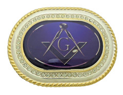 Mason Masonic Fraternal Compass Masonry Belt Buckle Blue Gold Metal Iced Style