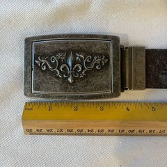 Fleur de Lis reversible pewter type belt buckle. Monogram M on the reverse side