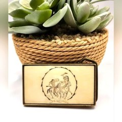 1980 Western Native American Scene Etched Bone Belt Buckle BTS Brass Artist Vtg