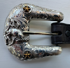 Sterling Silver 3-Piece Engraved Bronco Buckle Set 1” Belt. UNMARKED GARCIA