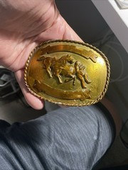Vintage Western Cowboy Calf Roping Bull Rider Rodeo Nickle Silver Gold Buckle