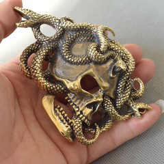 Casting Solid Brass Skull Snake Belt Buckle,Punk Skull Unique Men&rsquo;s Buckle, gift