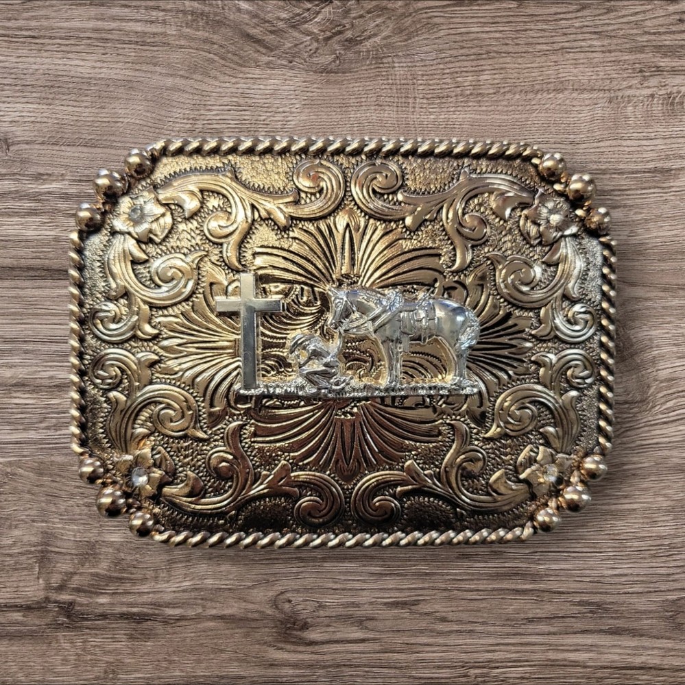 Christian Cowboy Belt Buckle For Man 4 1/4&Prime;x3 1/8&Prime; Gold Copper Tone/Silver