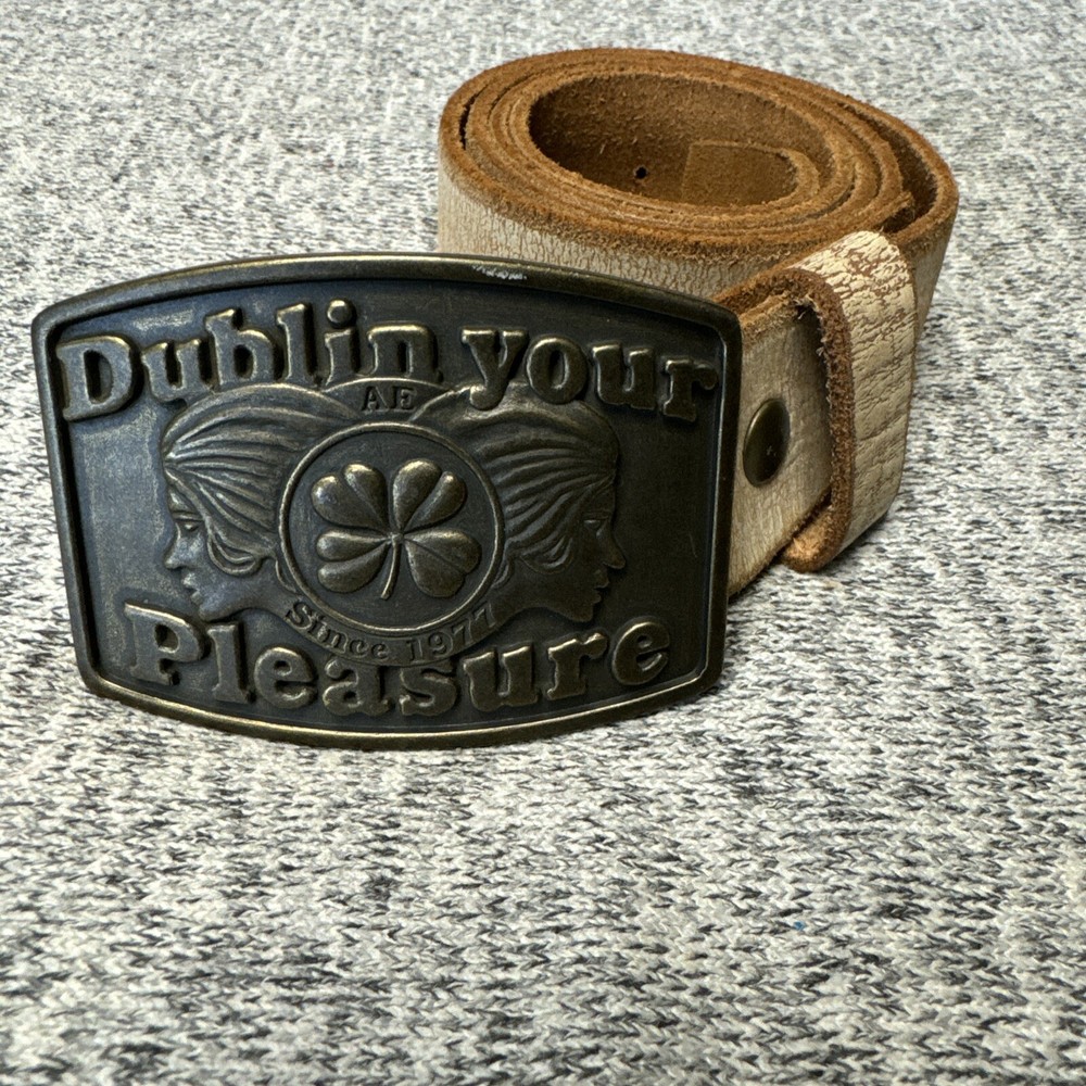 Vintage AE Irish Pub Dublin Your Pleasure Belt Buckle Bronze 32” Leather Belt