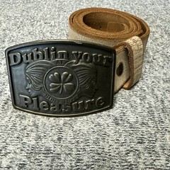 Vintage AE Irish Pub Dublin Your Pleasure Belt Buckle Bronze 32” Leather Belt