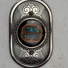 Belt Buckle Unisex_ Chrome Oval With Woodgrain Front With Encased Turquoise Size