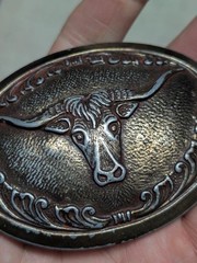 vintage 1970s belt buckle BRASS copper STEER bull texas WESTERN cowboy rodeo