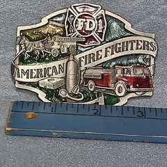 American Firefighters Belt Buckle Firetruck Horse Enameled Siskiyou 1988 Pewter