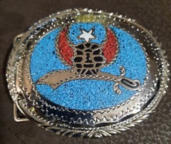 Vintage Handcrafted Silver Tone, Red and Turquoise Chips, White Belt Buckle 1984
