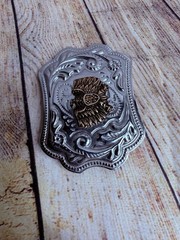 Pair Of Silver Metal Belt Buckles Eagle Seal Embossed Western Thunderbird Paint