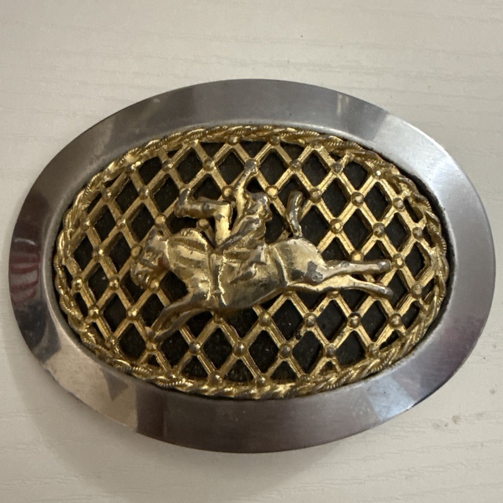 Vintage Western Belt Buckle Bucking Bronco Horse Large Oval Silver Gold Tone