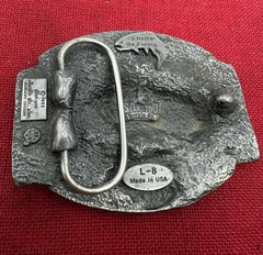 VINTAGE 92’ BELT BUCKLE « I FISH THEREFORE I AM » SISKIYOU FINE PEWTER BROWN TROUT