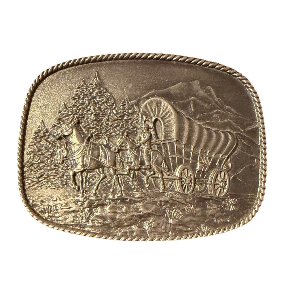 Vtg 1976 R&S Covered Wagon Horse Western Brass Tone Belt Buckle Rope Edge
