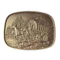 Vtg 1976 R&S Covered Wagon Horse Western Brass Tone Belt Buckle Rope Edge