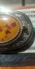 vintage oval belt buckle floral scroll w polished stone center