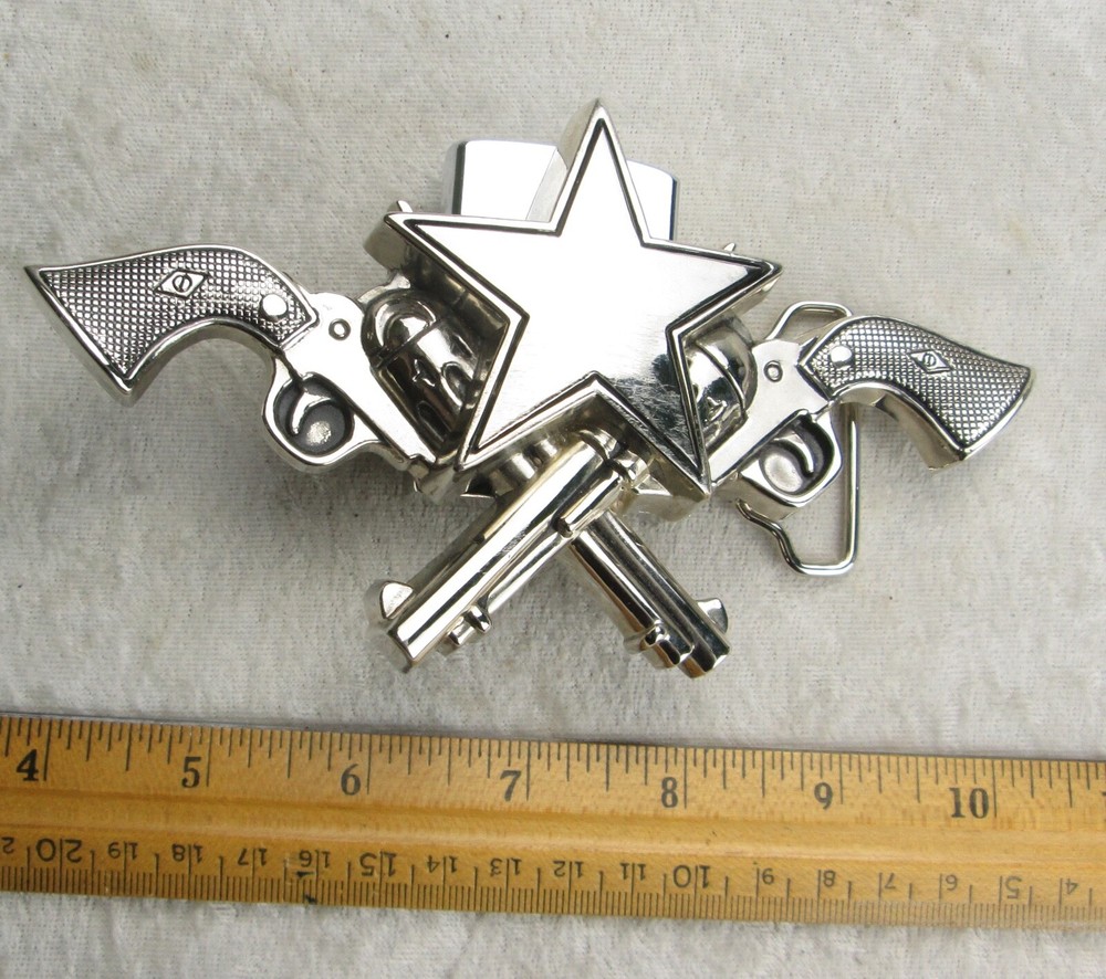 Rock Rebel 2 Revolvers 1 Star Belt Buckle Lighter Holder Pistols Buckle