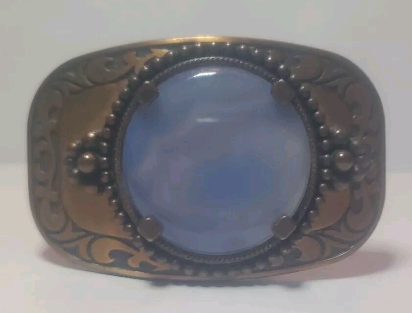Vintage Embossed Western Style cowboy Belt Buckle with Blue/white Polished Stone