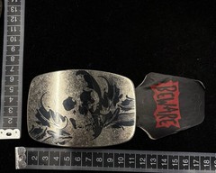 Vintage punk silver tone belt buckle dark etched skull design RARE