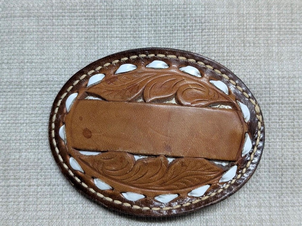vintage TOOLED belt buckle WESTERN cowhide leather COWBOY laced
