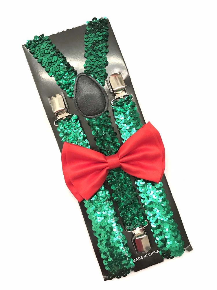 Holiday Christmas Suspenders Bowtie Set Reindeer Xmas Tree Candy Cane Green