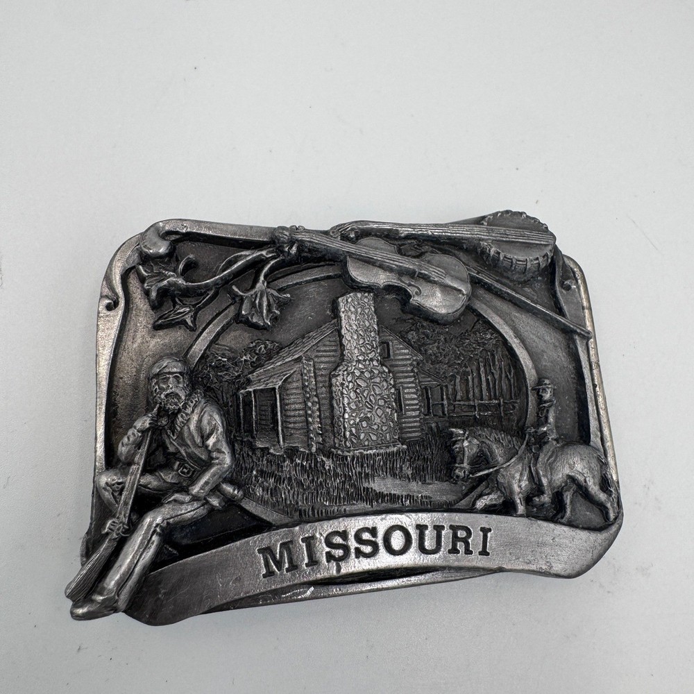 Vintage Missouri State Belt Buckle Pioneer Log Cabin Fiddle Banjo Pewter Tone