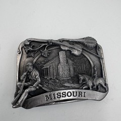 Vintage Missouri State Belt Buckle Pioneer Log Cabin Fiddle Banjo Pewter Tone