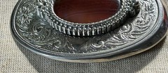 Vintage Style Western Silver Tone Belt Buckle Red Cabochon Stone Engraved Oval