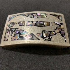 Western Belt Buckle with Roadrunner Bird Abalone Shell Southwest Cactus Inlaid